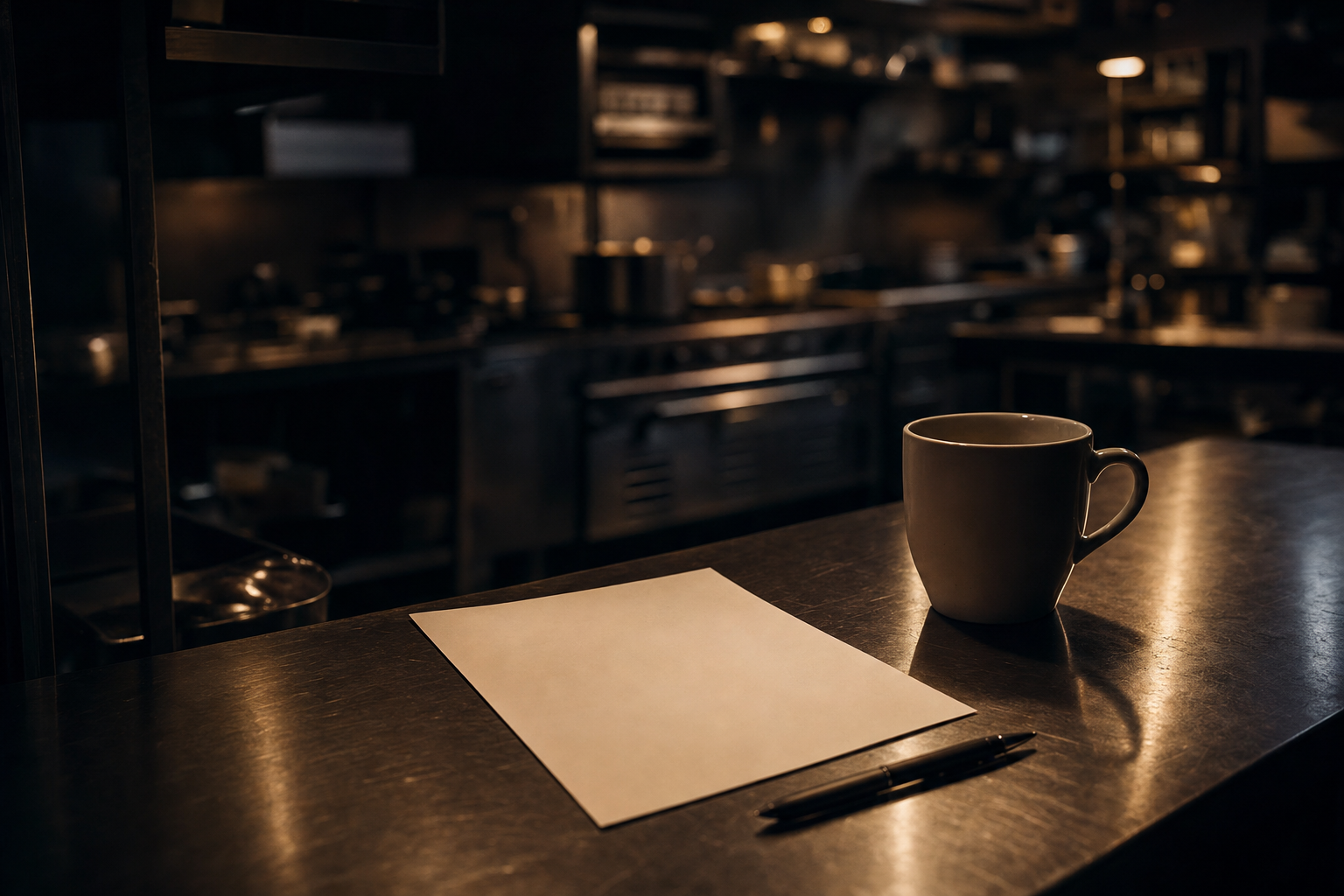 Single sheet of paper on a stainless kitchen prep table with a pen and a coffee mug