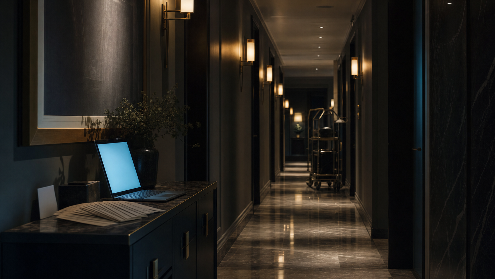 Dark editorial photograph of a hotel service corridor at night with a laptop on a marble console and luggage cart in the distance.