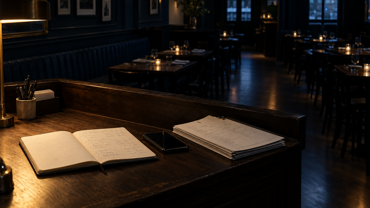 An empty restaurant host stand with an open notebook, phone, and daily sheets before service.