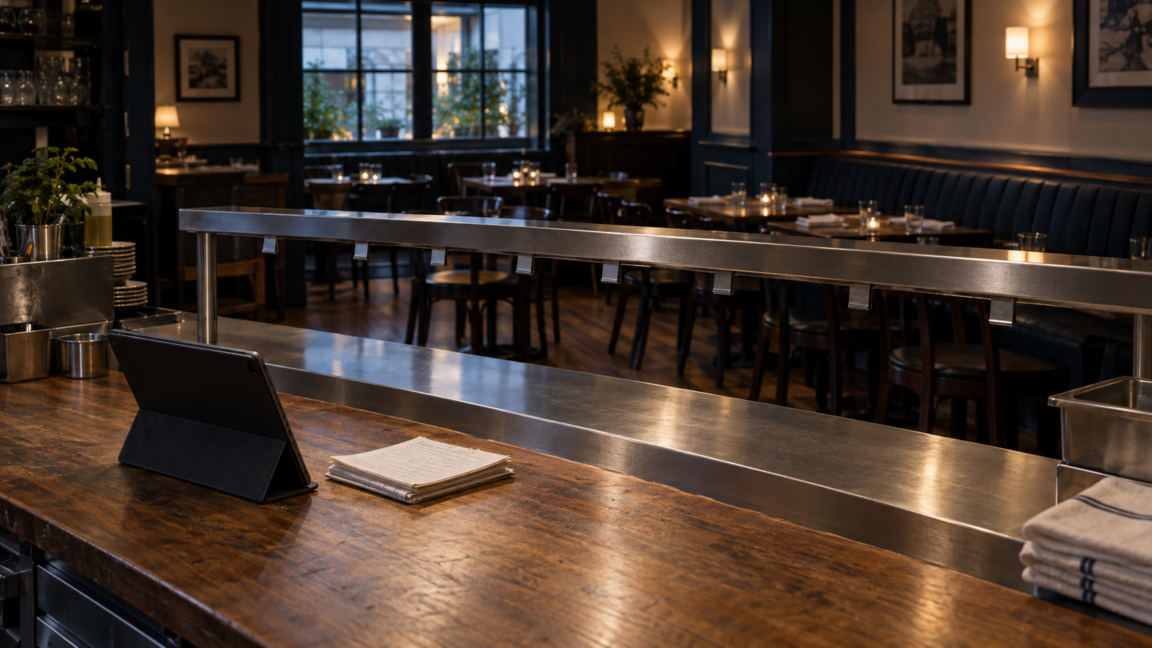 Empty restaurant service counter before opening, with an unbranded tablet and shift notes beside the pass.