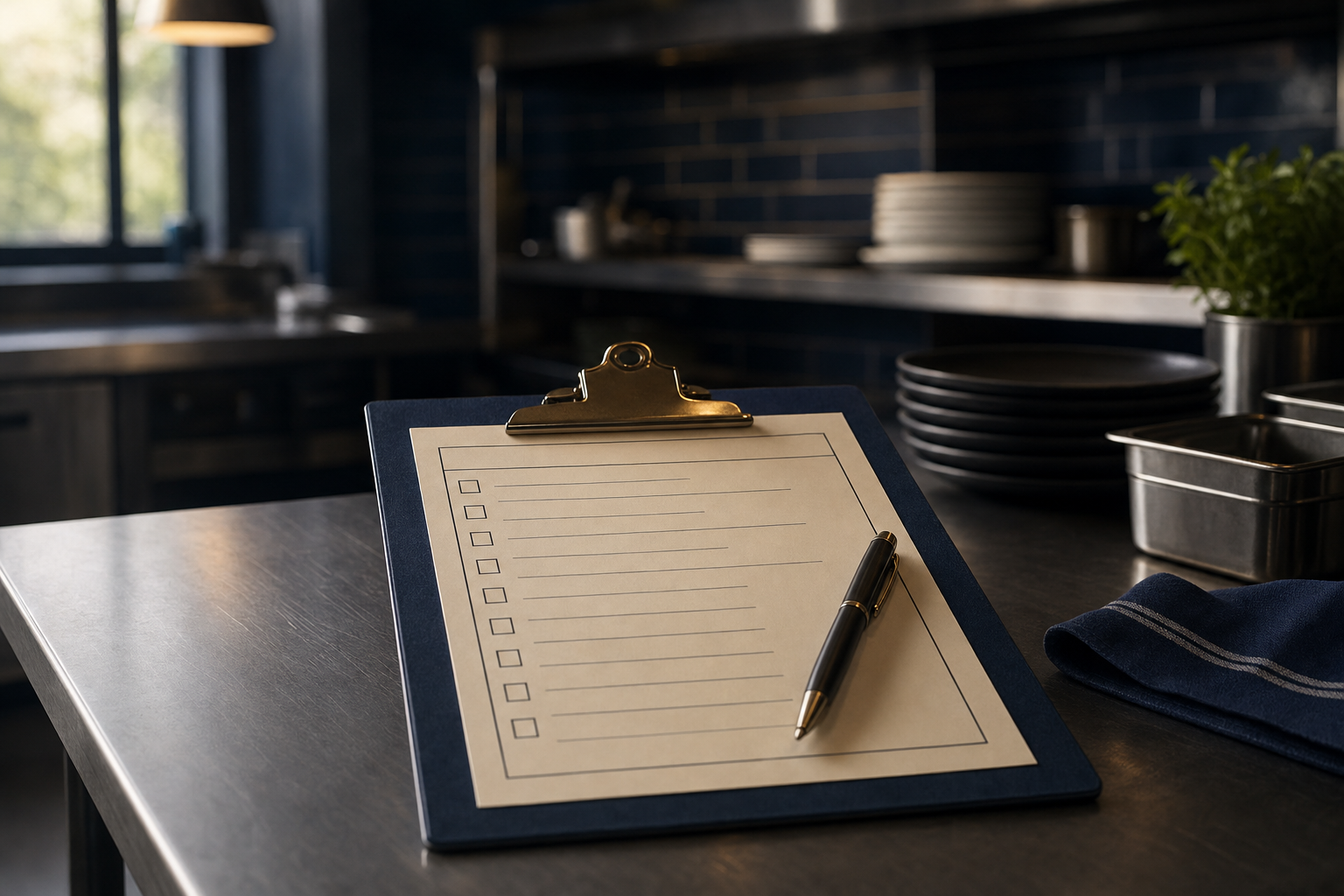 A close-up of a checklist on a clipboard on a restaurant prep table