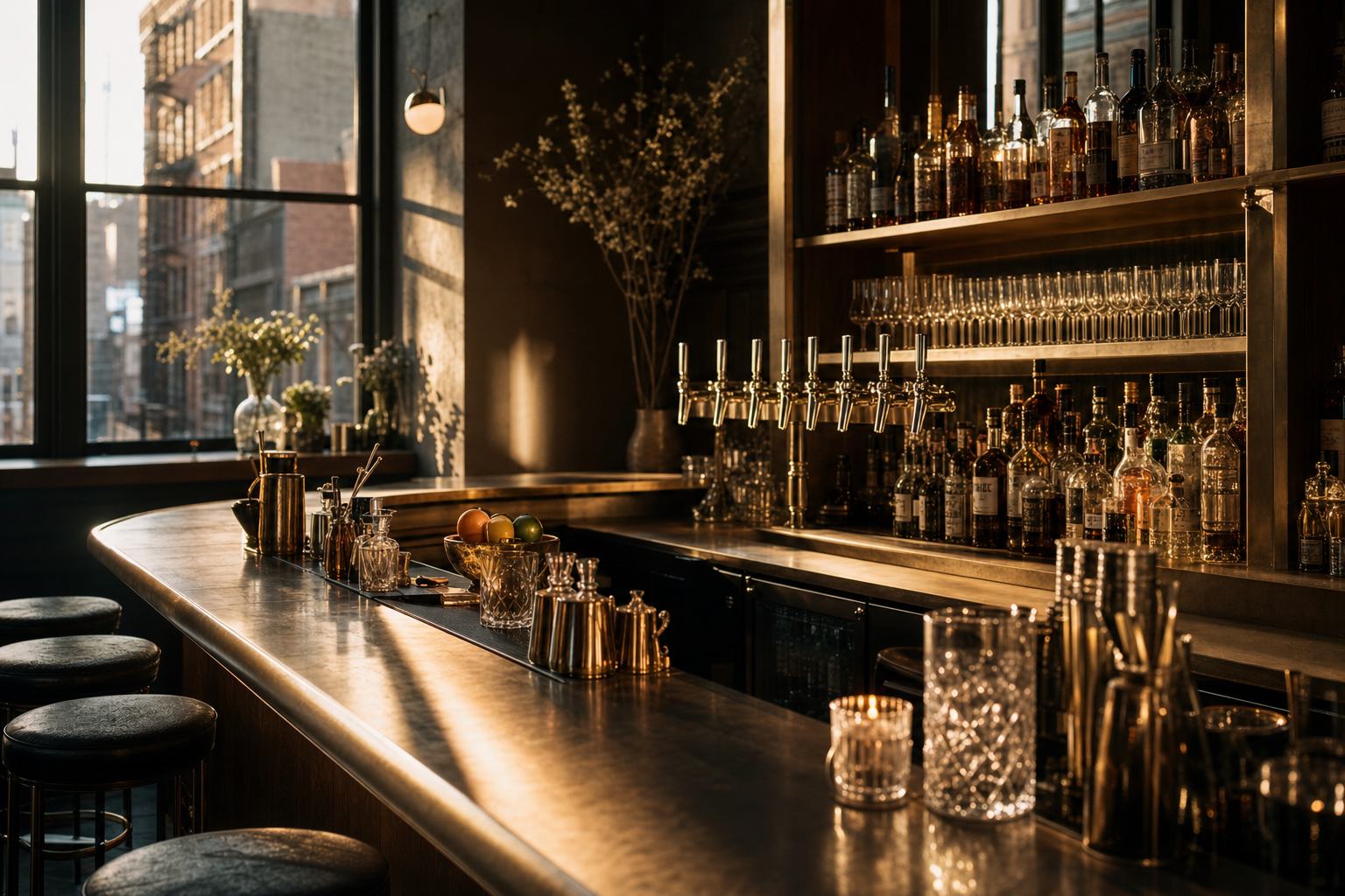 Lancey bar at 10 Delancey, golden hour light across the brass back bar and draft taps