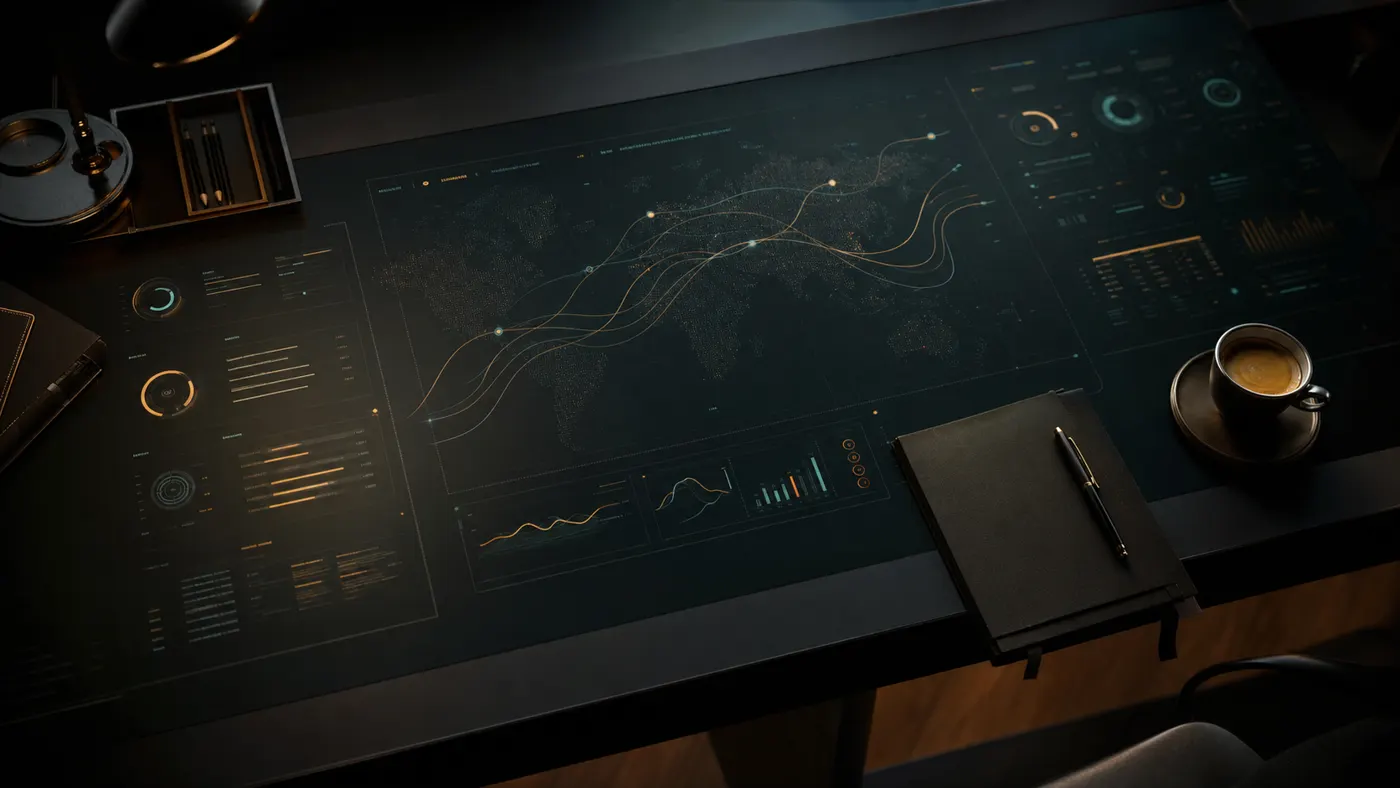A dark operations desk with a notebook, coffee, and business dashboards