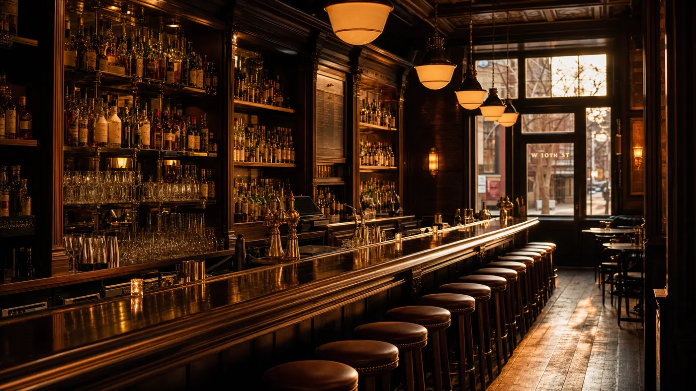 A long wooden bar with leather stools and back-bar shelving ready for opening night