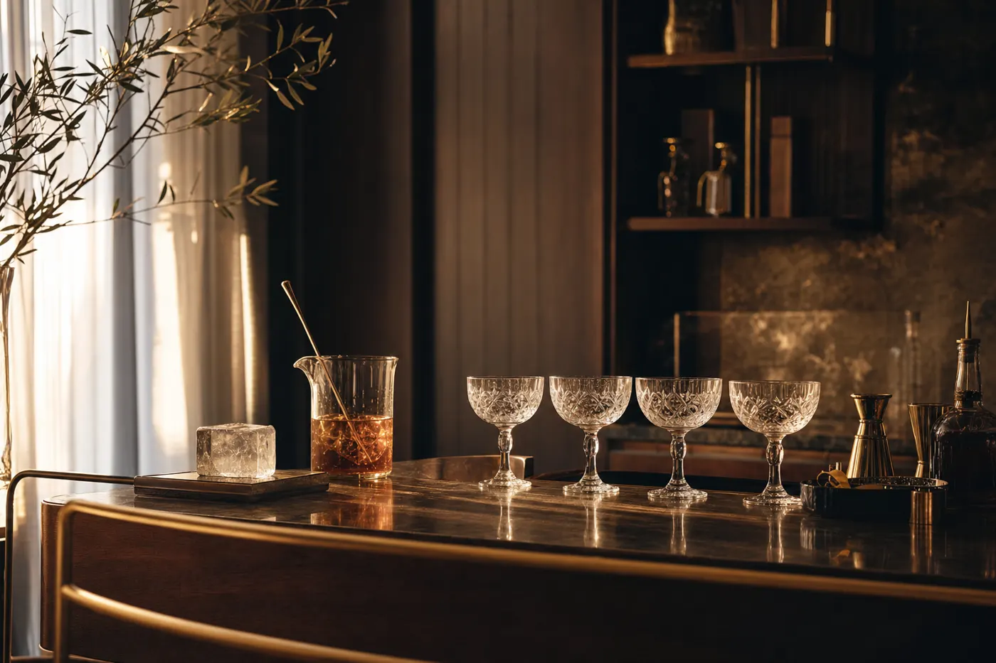 A candlelit cocktail bar set with coupes and glassware before service